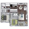 2 1 Patio Floor Plan, 2-Bed 1-Bath, 963 SQFT